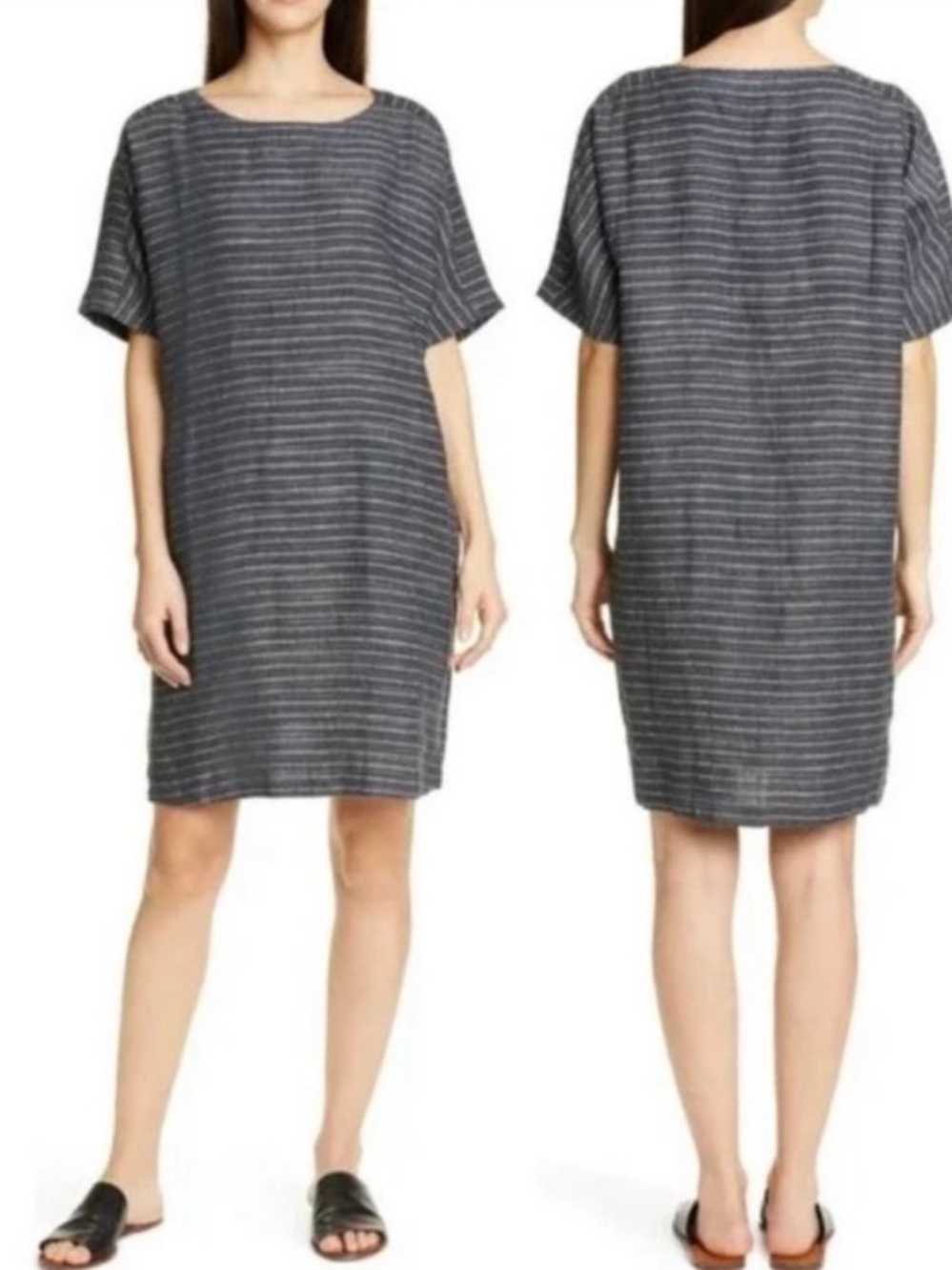 Eileen Fisher Organic Linen Delave Pinstripe Scoop Neck Tunic Dress Graphite S